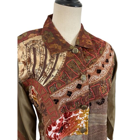 Vtg 90s Life Style Petite Jacket Patch‎ Work Velvet Burn Out Fall Boho Sz M Art - Picture 2 of 13